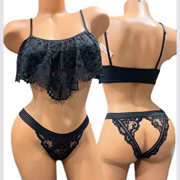 Victorias Secret Set Body Lace Ruffle bralette bra Peekaboo Cheekini Panty black